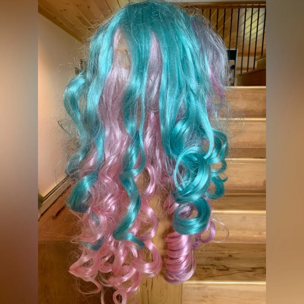 Spirit Halloween Fantasy Curl Pastel Pink Purple Blue Hair Wig Costume OS